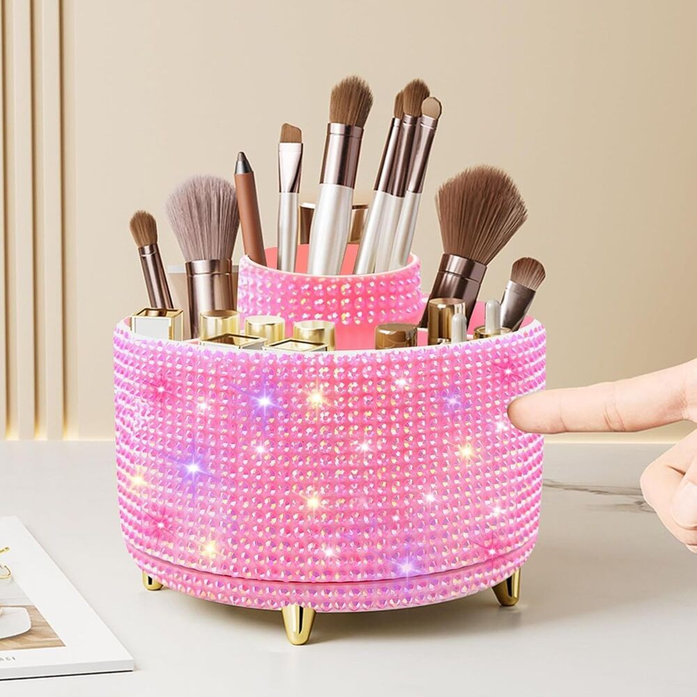 Diesisa 5Slot Makeup Brush Diamond Pink Cup 360° Rotating Makeup Brush Holder